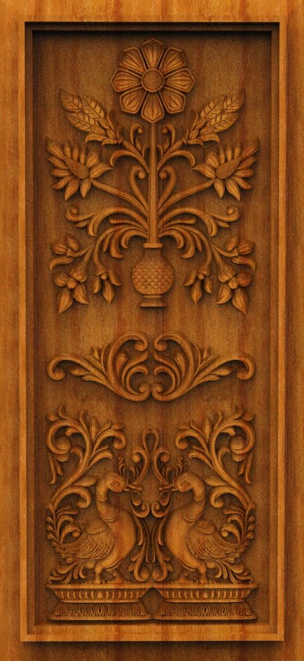 3D DOOR - OAK-33 Traditional Floral and Peacock Motif Carved Panel